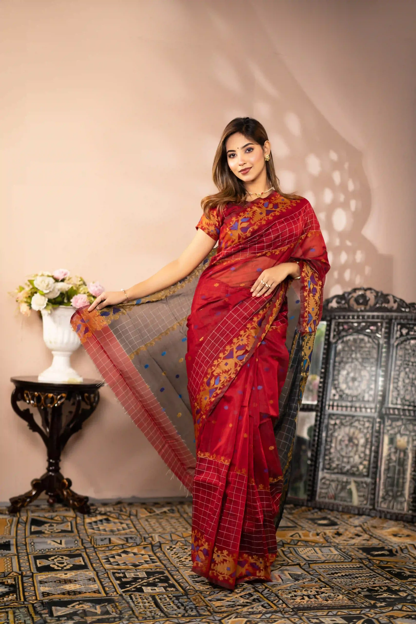 Half Silk | Jamdani | Red - Image 4