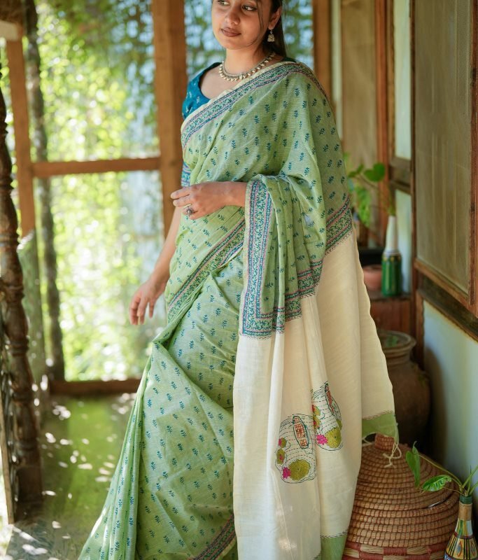 Poddoja | Block Printed Hand Stitch Sharee