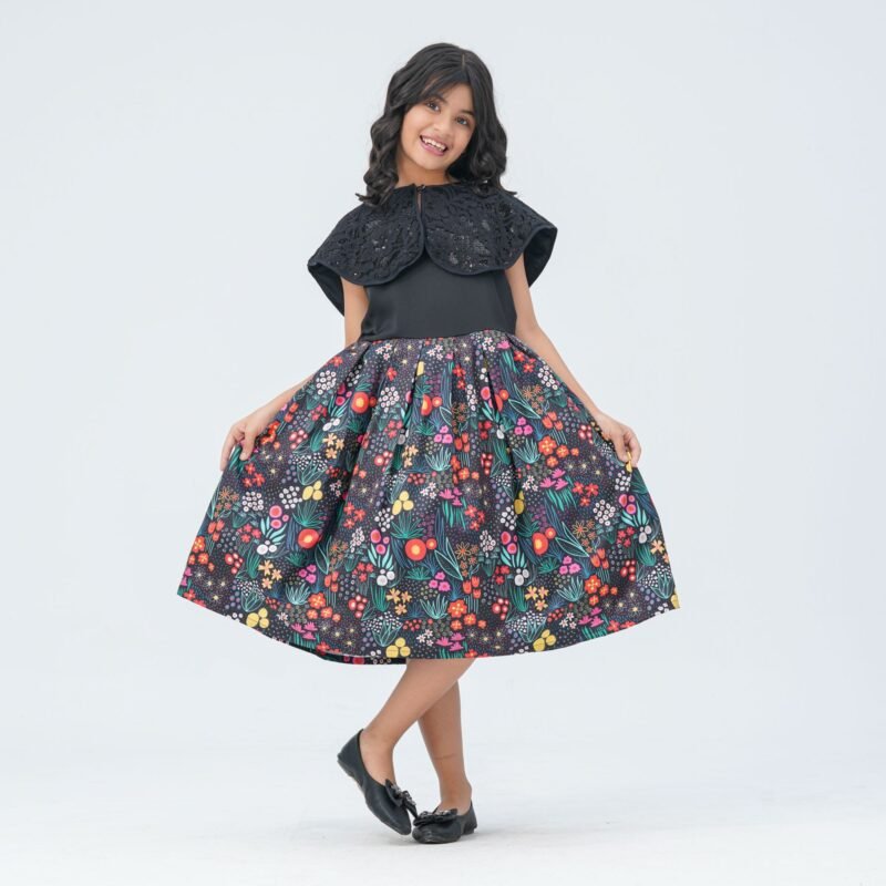 Girl's Floral Printed Blended Silk Gown with Sequin Cape