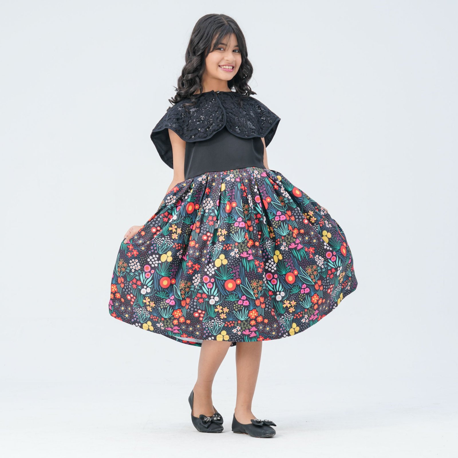 Girl's Floral Printed Blended Silk Gown with Sequin Cape - Image 4